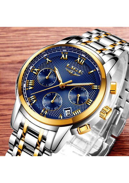 Altın Mavi Çelik Yeni Lıge Saatler Erkekler Lüks Marka Kronograf Erkekler Spor Saatler Su Geçirmez Tam Çelik Kuvars Erkek Saati Relogio Masculino + Kutusu (Yurt Dışından) modelleri