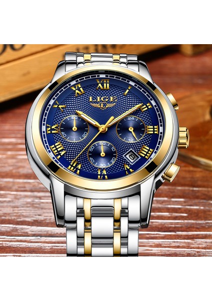 Altın Mavi Çelik Yeni Lıge Saatler Erkekler Lüks Marka Kronograf Erkekler Spor Saatler Su Geçirmez Tam Çelik Kuvars Erkek Saati Relogio Masculino + Kutusu (Yurt Dışından) fırsatları