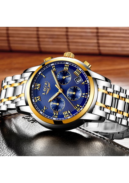 Altın Mavi Çelik Yeni Lıge Saatler Erkekler Lüks Marka Kronograf Erkekler Spor Saatler Su Geçirmez Tam Çelik Kuvars Erkek Saati Relogio Masculino + Kutusu (Yurt Dışından) indirimleri