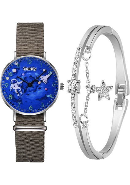 2 Adet Set Yeşil Kadın Moda Saatler Örgü Örgü Bilek Bandı Izle Mavi Astronot Kadran Bayanlar Casual Saat Bilezik Saatler Set Relogio Feminino (Yurt Dışından)