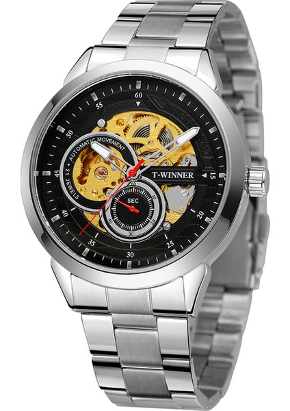 05 T-Kazanan Basit Rüzgar Içi Boş Çift Halkalı Mekanik Saat Altın Yuvarlak Saat Çelik Bant Isteğe Bağlı Çeşitli Renklerde Izle (Yurt Dışından)