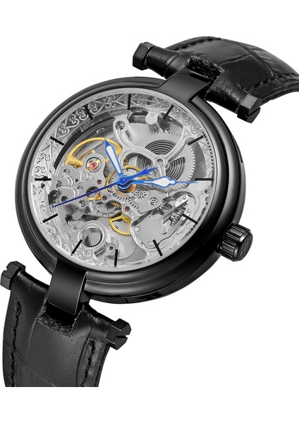 02 Forsınıng Erkek Saati Basit Rahat Içi Boş Tırnak Pulu Mavi Işaretçi Mekanik Saat Dairesel Kemer Saati Siyah Saat (Yurt Dışından)