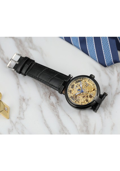 02 Forsınıng Erkek Saati Basit Rahat Içi Boş Tırnak Pulu Mavi Işaretçi Mekanik Saat Dairesel Kemer Saati Siyah Saat (Yurt Dışından) fırsatları