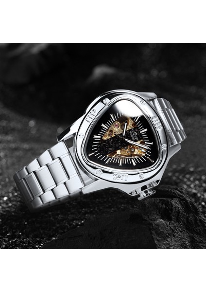 Altın Sıyah Kazanan Üst Marka Gümüş 49MM Kadran Mekanik Saat Erkekler Için Otomatik Düzensiz Üçgen Kasa Kraliyet Paslanmaz Çelik Kemer (Yurt Dışından) indirimleri