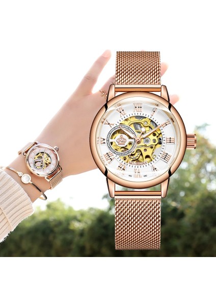 082 Beyaz S Orkına Mekanik Kadın Bilezik Izle Otomatik Kol Saati Örgü Paslanmaz Çelik Şerit Kadın Saat Chic Reloj Mujer (Yurt Dışından) fiyatları