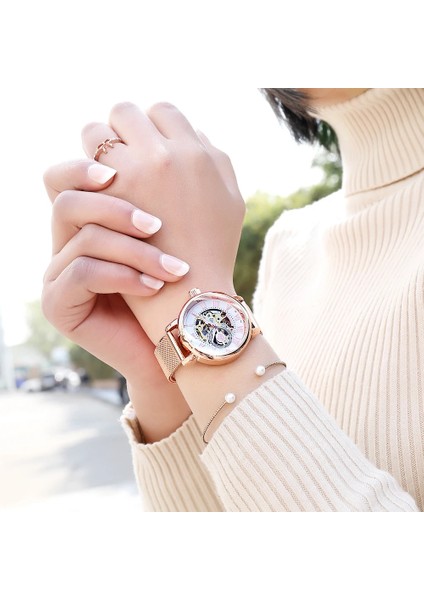 082 Beyaz S Orkına Mekanik Kadın Bilezik Izle Otomatik Kol Saati Örgü Paslanmaz Çelik Şerit Kadın Saat Chic Reloj Mujer (Yurt Dışından) fırsatları