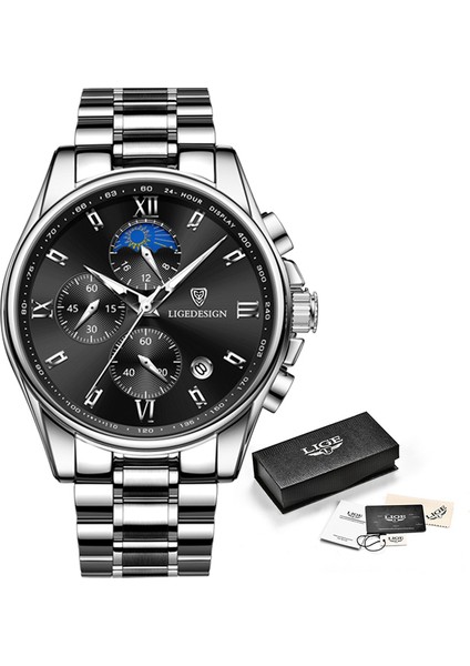 Gümüş Siyah Lıge Erkekler Izle Lüks Marka Spor Izle Erkekler Için Büyük Arama Chronograph Kuvars Kol Saati Askeri Su Geçirmez Çelik Bant Saat (Yurt Dışından)