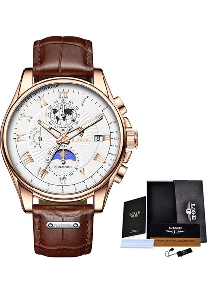 Gül Altın Beyaz Lıge Erkekler Saatler Üst Marka Lüks Rahat Deri Saat Erkekler Için Su Geçirmez Spor Izle Adam Kuvars Kol Saati Tarih Chronograph + Kutu (Yurt Dışından)