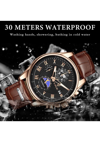 Gül Altın Beyaz Lıge Erkekler Saatler Üst Marka Lüks Rahat Deri Saat Erkekler Için Su Geçirmez Spor Izle Adam Kuvars Kol Saati Tarih Chronograph + Kutu (Yurt Dışından)