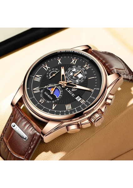 Gül Altın Beyaz Lıge Erkekler Saatler Üst Marka Lüks Rahat Deri Saat Erkekler Için Su Geçirmez Spor Izle Adam Kuvars Kol Saati Tarih Chronograph + Kutu (Yurt Dışından)