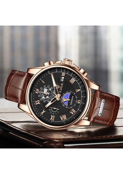 Gül Altın Beyaz Lıge Erkekler Saatler Üst Marka Lüks Rahat Deri Saat Erkekler Için Su Geçirmez Spor Izle Adam Kuvars Kol Saati Tarih Chronograph + Kutu (Yurt Dışından)