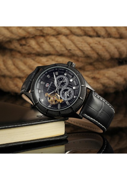 Siyah 01 Forsınng Volan Çift Halkalı Tırnak Ölçeği Otomatik Mekanik Saat Siyah Dairesel Kayış Mekanik Saat Erkek Saati (Yurt Dışından) indirimleri