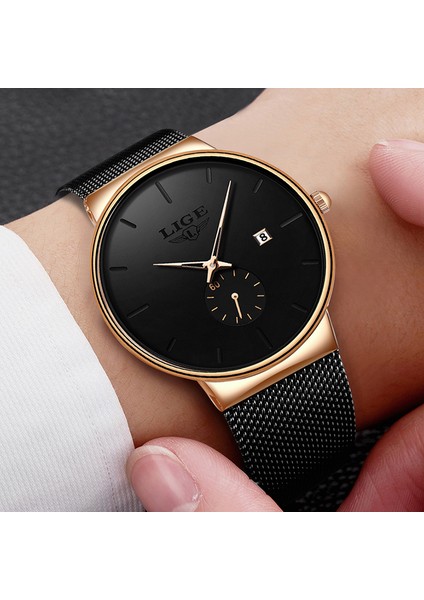 Siyah Gül Lıge Örgü Çelik Erkek Saatler Marka Lüks Ultra-Ince Su Geçirmez Kuvars Izle Erkekler Iş Takvimi Spor Saat Relojes Hombre (Yurt Dışından) modelleri