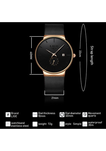Siyah Gül Lıge Örgü Çelik Erkek Saatler Marka Lüks Ultra-Ince Su Geçirmez Kuvars Izle Erkekler Iş Takvimi Spor Saat Relojes Hombre (Yurt Dışından) indirimleri