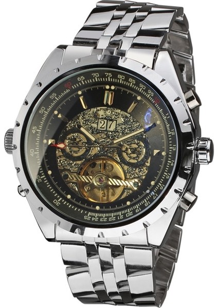 Siyah Jaragar Alaşımlı Mekanik Saat Içi Boş Alt Mekanik Hareket Mekanik Saat Gümüş Çelik Kayış Kol Saati Siyah Saat (Yurt Dışından)