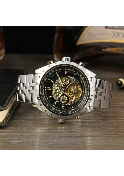 Siyah Jaragar Alaşımlı Mekanik Saat Içi Boş Alt Mekanik Hareket Mekanik Saat Gümüş Çelik Kayış Kol Saati Siyah Saat (Yurt Dışından) indirimleri