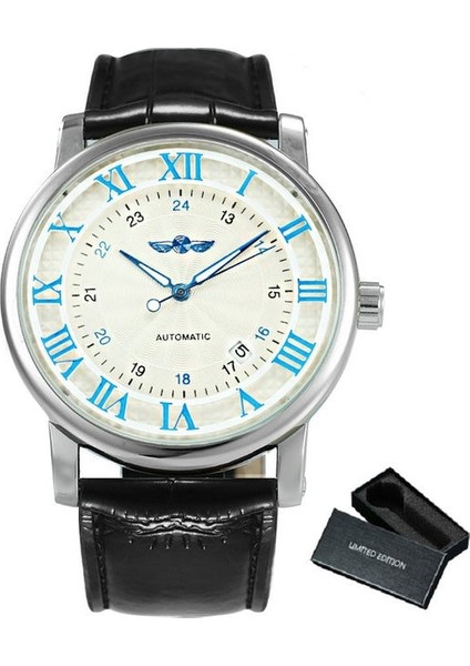 Bo Blk-Beyaz-Mavi Kazanan 2021 Moda Beyaz Altın Izle Erkekler Tarih Göstergesi Kahverengi Deri Kemer Mekanik Otomatik Saatler Erkek Üst Marka Lüks (Yurt Dışından)