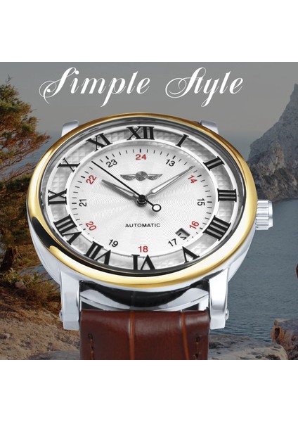 Bo Blk-Beyaz-Mavi Kazanan 2021 Moda Beyaz Altın Izle Erkekler Tarih Göstergesi Kahverengi Deri Kemer Mekanik Otomatik Saatler Erkek Üst Marka Lüks (Yurt Dışından) fırsatları