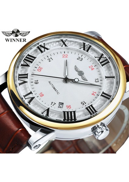 Bo Blk-Beyaz-Mavi Kazanan 2021 Moda Beyaz Altın Izle Erkekler Tarih Göstergesi Kahverengi Deri Kemer Mekanik Otomatik Saatler Erkek Üst Marka Lüks (Yurt Dışından) indirimleri