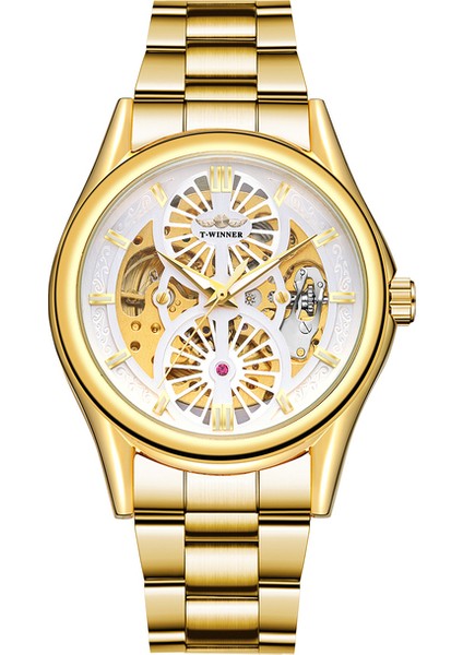 Altın Beyaz T-Kazanan Basit Stil Içi Boş Çift Halkalı Tırnak Terazisi Mekanik Saat Dairesel Siyah Erkek Saati Çelik Kayış Mekanik Saat (Yurt Dışından)
