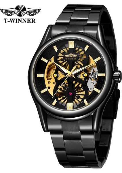 Altın Beyaz T-Kazanan Basit Stil Içi Boş Çift Halkalı Tırnak Terazisi Mekanik Saat Dairesel Siyah Erkek Saati Çelik Kayış Mekanik Saat (Yurt Dışından) fiyatları