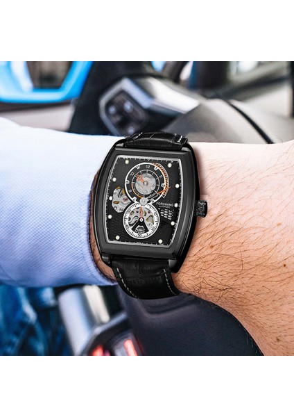 Altın Siyah Forsining Tourbillon Siyah Kol Saati Erkekler Mekanik Askeri Izle Moda Dikdörtgen Adam Kendinden Rüzgar Saati Reloj Hombre (Yurt Dışından)