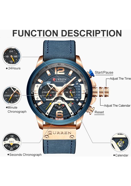 Gül Altın Siyah Curren Rahat Spor Saatler Erkekler Için Üst Marka Lüks Askeri Deri Kol Saati Adam Saat Moda Chronograph Kol Saati (Yurt Dışından)