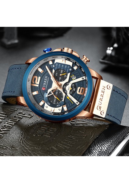 Gül Altın Siyah Curren Rahat Spor Saatler Erkekler Için Üst Marka Lüks Askeri Deri Kol Saati Adam Saat Moda Chronograph Kol Saati (Yurt Dışından)