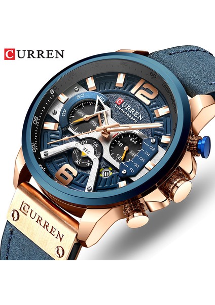 Gül Altın Siyah Curren Rahat Spor Saatler Erkekler Için Üst Marka Lüks Askeri Deri Kol Saati Adam Saat Moda Chronograph Kol Saati (Yurt Dışından)