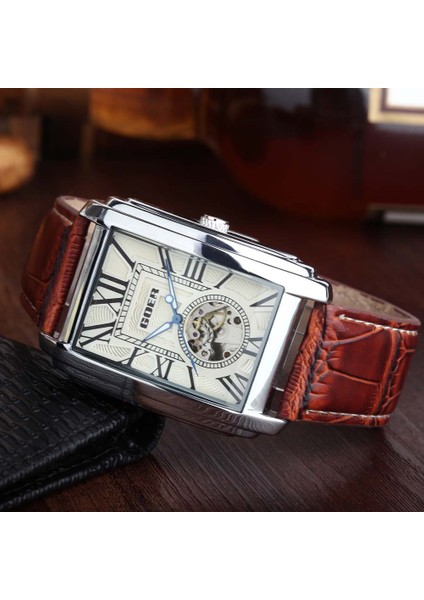 Beyaz 2022 Moda Dikdörtgen Saatler Erkekler Saatler Deri Bant Otomatik Mekanik Kol Saatleri Erkekler Goer Reloj Hombre (Yurt Dışından)