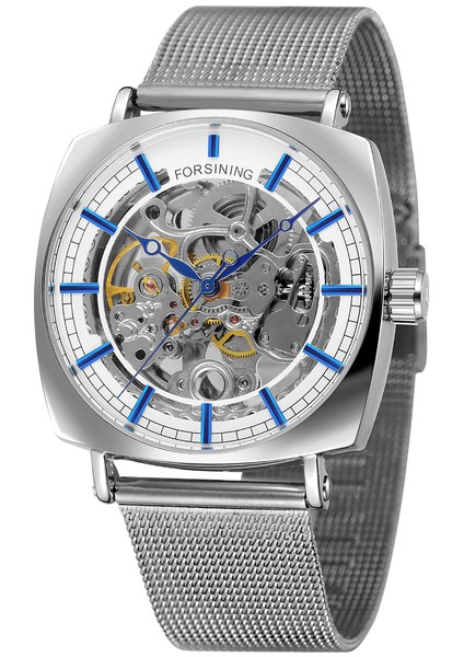 09 Forsınıng Altın Mekanik Saat Delikli Tırnak Ölçeği Mekanik Saat Kare Örgü Çelik Kayış Kol Saati (Yurt Dışından)