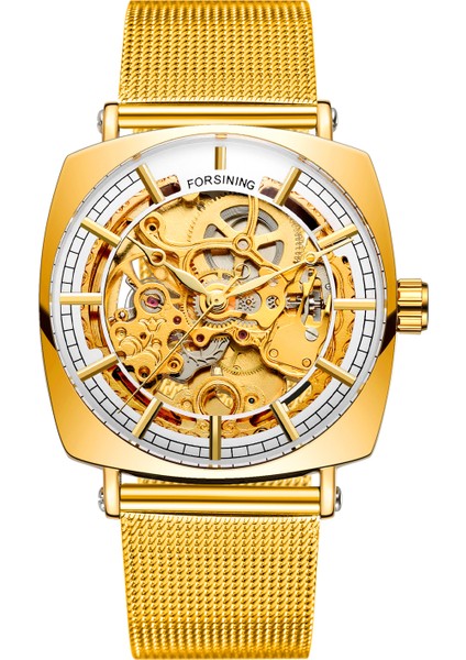 09 Forsınıng Altın Mekanik Saat Delikli Tırnak Ölçeği Mekanik Saat Kare Örgü Çelik Kayış Kol Saati (Yurt Dışından) modelleri