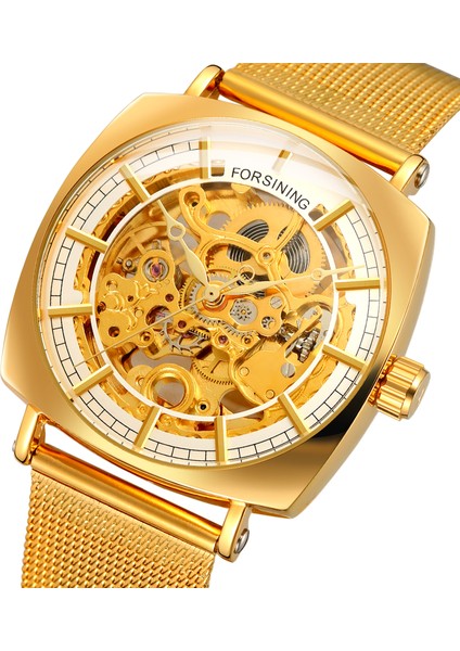 09 Forsınıng Altın Mekanik Saat Delikli Tırnak Ölçeği Mekanik Saat Kare Örgü Çelik Kayış Kol Saati (Yurt Dışından) fırsatları