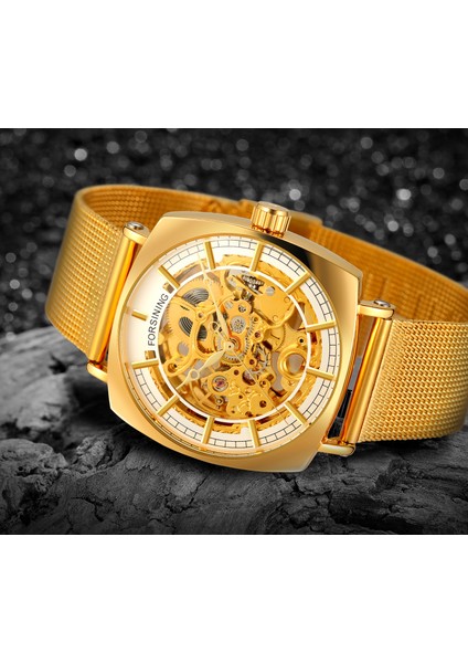 09 Forsınıng Altın Mekanik Saat Delikli Tırnak Ölçeği Mekanik Saat Kare Örgü Çelik Kayış Kol Saati (Yurt Dışından) indirimleri
