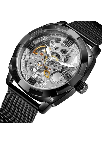 Siyah Gümüş Forsınıng Mekanik Saat Basit Moda Stil Tam Içi Boş Mekanik Saat Düzensiz Şekil Örgü Çelik Bant Izle Alaşım Izle (Yurt Dışından)