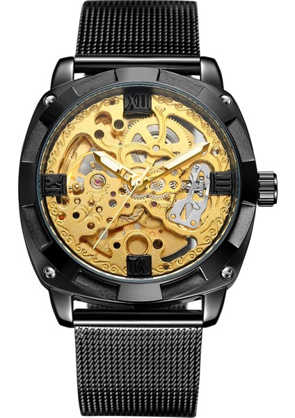 Siyah Gümüş Forsınıng Mekanik Saat Basit Moda Stil Tam Içi Boş Mekanik Saat Düzensiz Şekil Örgü Çelik Bant Izle Alaşım Izle (Yurt Dışından) modelleri