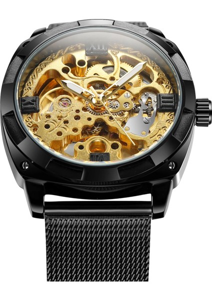 Siyah Gümüş Forsınıng Mekanik Saat Basit Moda Stil Tam Içi Boş Mekanik Saat Düzensiz Şekil Örgü Çelik Bant Izle Alaşım Izle (Yurt Dışından) fırsatları