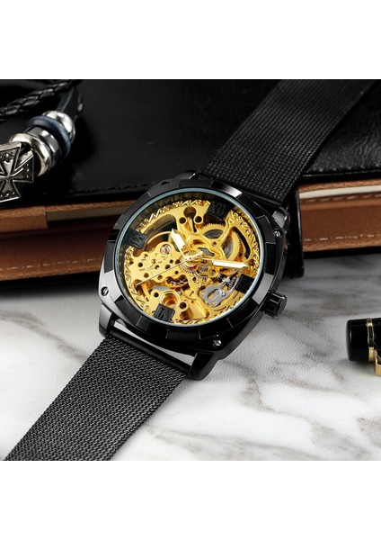 Siyah Gümüş Forsınıng Mekanik Saat Basit Moda Stil Tam Içi Boş Mekanik Saat Düzensiz Şekil Örgü Çelik Bant Izle Alaşım Izle (Yurt Dışından) indirimleri