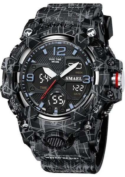 Camo Siyah Smael Çift Zamanlı Spor Izle Erkekler Için Moda Su Geçirmez Quart Dijital Kol Saati Çalar Saat LED Arka Işık Takvim Saatler 8008 (Yurt Dışından)