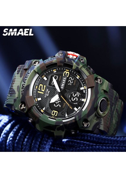 Camo Siyah Smael Çift Zamanlı Spor Izle Erkekler Için Moda Su Geçirmez Quart Dijital Kol Saati Çalar Saat LED Arka Işık Takvim Saatler 8008 (Yurt Dışından)