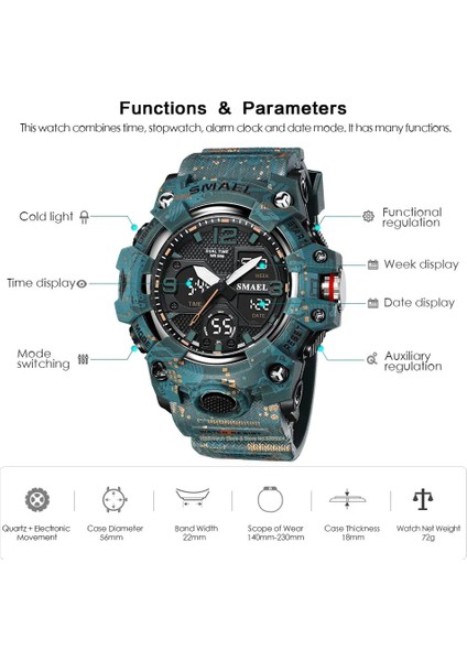 Camo Siyah Smael Çift Zamanlı Spor Izle Erkekler Için Moda Su Geçirmez Quart Dijital Kol Saati Çalar Saat LED Arka Işık Takvim Saatler 8008 (Yurt Dışından)