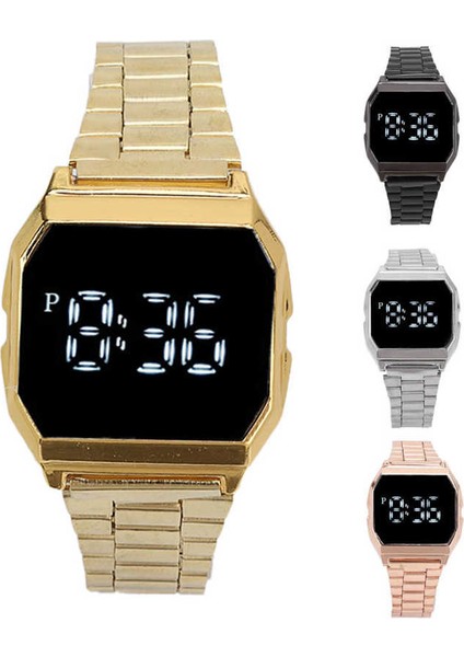 Altın LED Elektronik Saat Moda Dikdörtgen Kasa Dokunmatik Ekran Izle Paslanmaz Çelik Kayış Erkekler Kadınlar Için Dijital Spor Izle Öğrenci (Yurt Dışından)