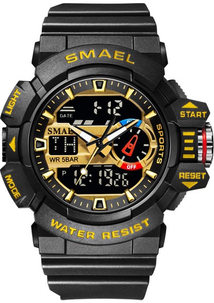 Siyah Altın Smael Askeri Saatler Erkekler Spor Izle Su Geçirmez Kol Saati Kronometre Alarm LED Işık Dijital Saatler Erkek Büyük Kadran Saat 8043 (Yurt Dışından)