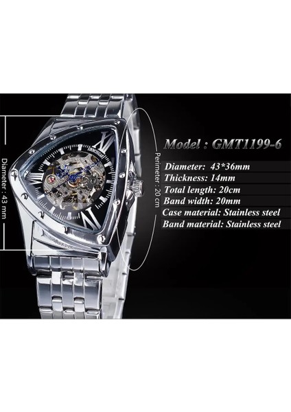 GMT1199-5 Duncougar Üçgen Kadran Otomatik Izle Siyah Gümüş Paslanmaz Çelik Mekanik Saat Üst Marka Erkek Saat (Yurt Dışından) indirimleri