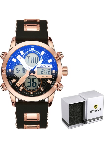 Kutu ile Siyah Altın Stryve 8021 Marka Erkekler Spor Bilek Saatleri Askeri Rubbermetal Kemer Su Geçirmez Tarih Hafta Elektronik Saat Dijital Kuvars Izle (Yurt Dışından) fiyatları