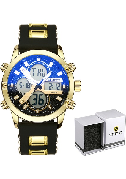 Kutu ile Siyah Altın Stryve 8021 Marka Erkekler Spor Bilek Saatleri Askeri Rubbermetal Kemer Su Geçirmez Tarih Hafta Elektronik Saat Dijital Kuvars Izle (Yurt Dışından) indirimleri
