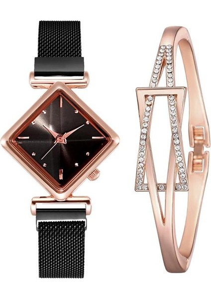 Siyah Set Kadın Manyetik Bilezik Saatler Set Kadın Lüks Kare Bilezik Kuvars Saatı Bayanlar Elbise Saat Relogio Feminino (Yurt Dışından)