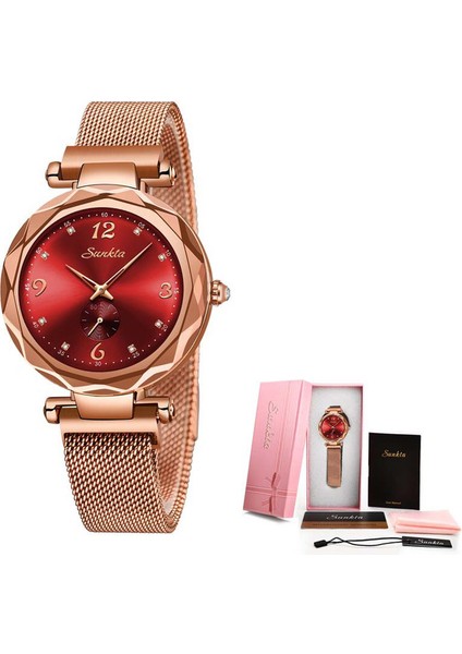 Gül Altın Kırmızı Montre Femme Sunkta Bayanlar Izle Kadın Kuvars Saatler Örgü Çelik Kemer Kadın Bilezik Saatler Kadın Saat Relogio Feminino (Yurt Dışından)