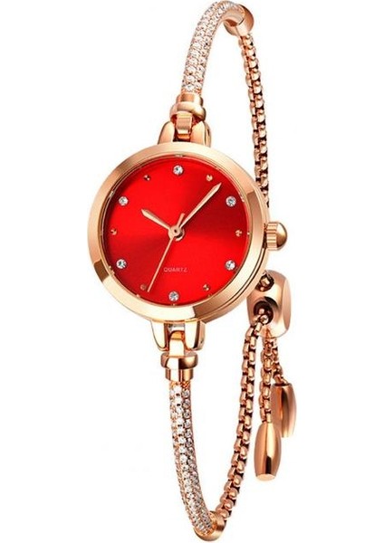 Tatil Için Kırmızı Vidalı Taçlı Minimalist Işıltılı Taşlı Zincir Bileklik Saat (Yurt Dışından)