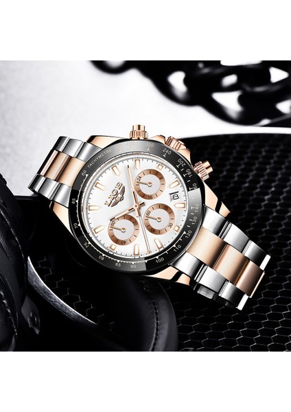 Silikon Gül Altın Lıge Panda Izle Adam Üst Marka Lüks Su Geçirmez Rahat Erkek Saatler Paslanmaz Çelik Kol Saatleri Kuvars Kronograf Izle Hombre (Yurt Dışından)